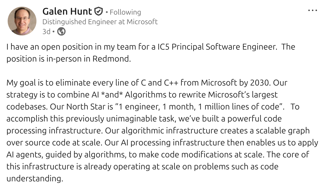 A screenshot of a LinkedIn job advertisement aiming to eliminate C code in windows using AI